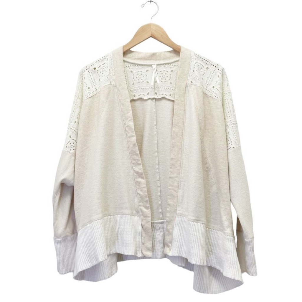 Anthropologie Hollie Eyelet Crochet Yoke Terry Knit Cardigan Oatmeal Size Small